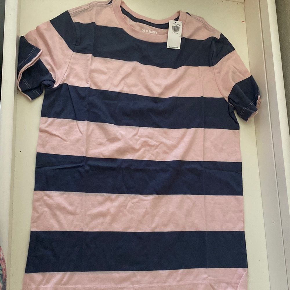 Boys Soft Crew Neck T shirt navy/pink striped L 10/12